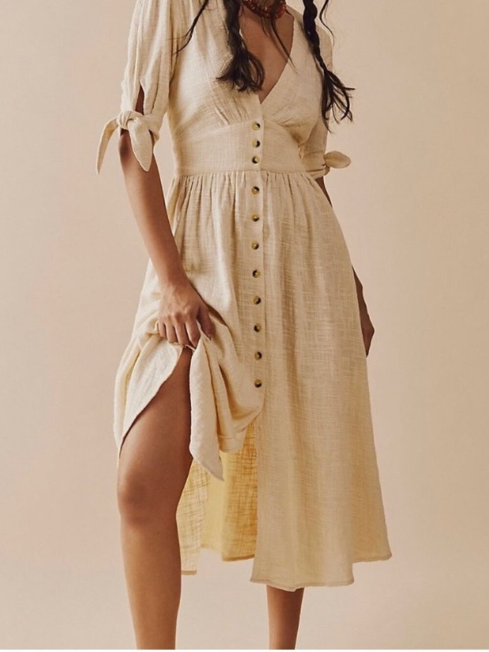 August Winds Midi Dress Small | Love of My Life Style | Tan Button Front Pockets